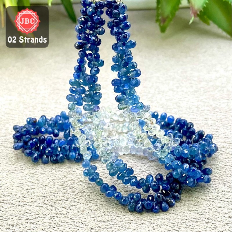 Blue Sapphire 3-5mm Faceted Drops Shape 15 Inch Long Gemstone Beads - Total 2 Strands In The Lot - SKU:158386
