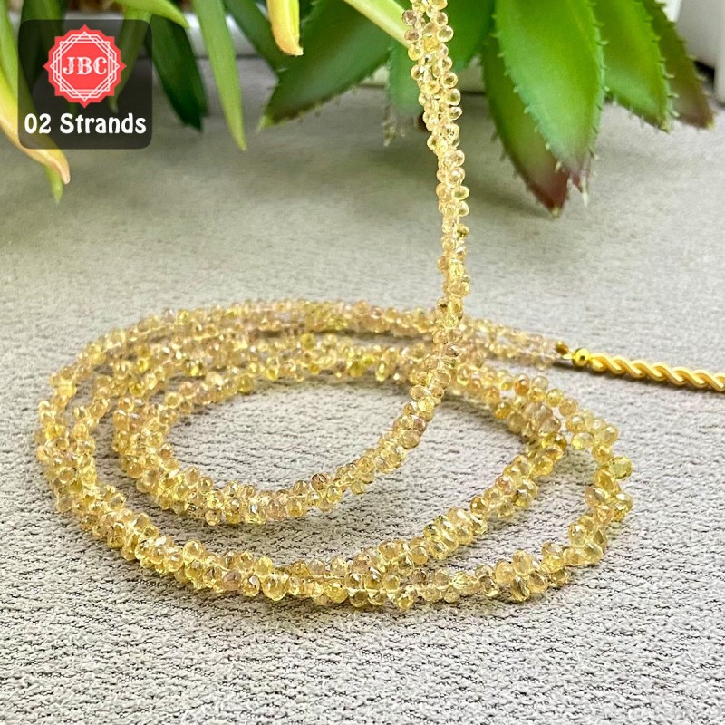 Yellow Sapphire 3-4mm Briolette Drops Shape 16 Inch Long Gemstone Beads - Total 2 Strands In The Lot - SKU:158449