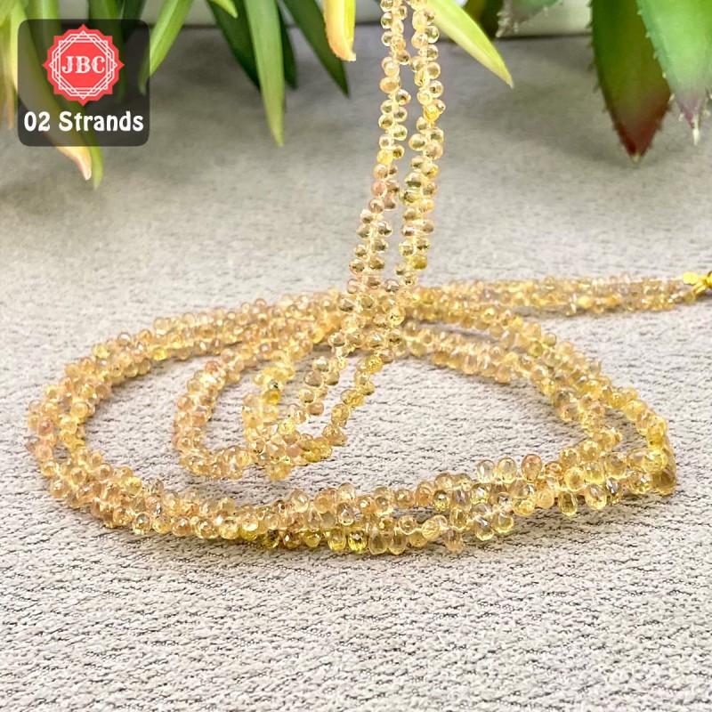 Yellow Sapphire 3-4mm Briolette Drops Shape 15 Inch Long Gemstone Beads - Total 2 Lot In The Lot - SKU:158450