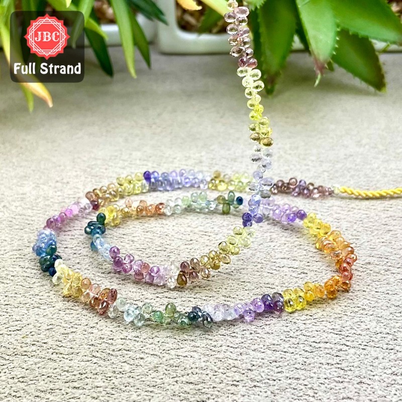Multi Sapphire 4mm Faceted Drops Shape 16 Inch Long Gemstone Beads Strand - SKU:158332