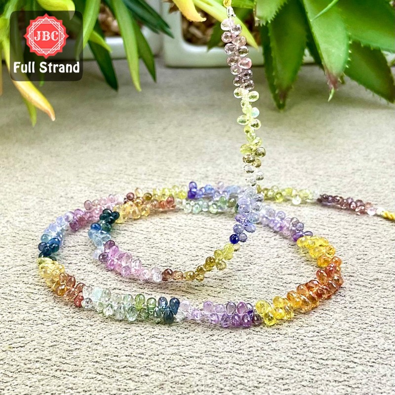 Multi Sapphire 4mm Faceted Drops Shape 16 Inch Long Gemstone Beads Strand - SKU:158333