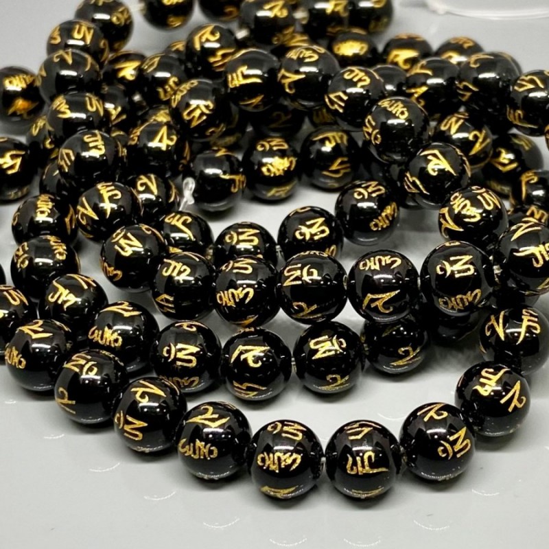 Natural Printed Black Onyx 10mm Smooth Round AAA Grade Gemstone Beads Strand