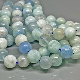 Natural Aquamarine 10mm Smooth Round AA Grade Gemstone Beads Strand