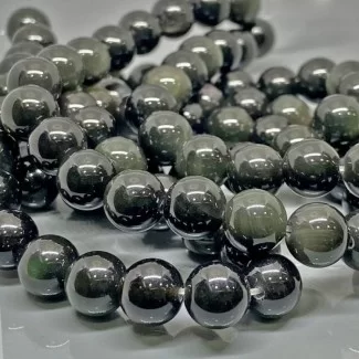 Natural Silver Sheen Obsidian 10mm Smooth Round AAA Grade Gemstone Beads Strand
