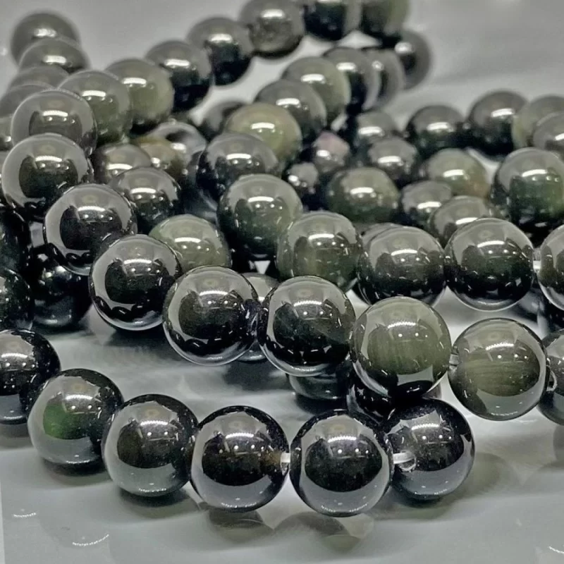 Natural Silver Sheen Obsidian 10mm Smooth Round AAA Grade Gemstone Beads Strand