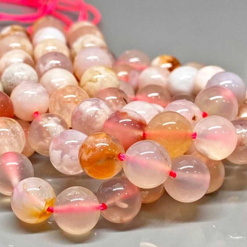 Natural Pink Flower Agate 10mm Smooth Round AAA Grade Gemstone Beads Strand