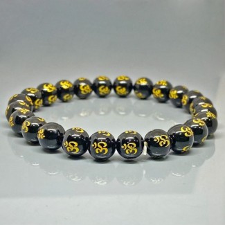Natural Printed Black Onyx 10mm Smooth Round AAA Grade Gemstone Beads Stretch Bracelet