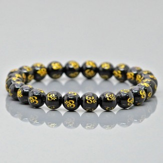 Natural Printed Black Onyx 10mm Smooth Round AAA Grade Gemstone Beads Stretch Bracelet