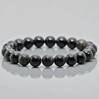Natural Silver Sheen Obsidian 10mm Smooth Round AAA Grade Gemstone Beads Stretch Bracelet