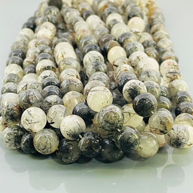 Natural Black Rutile 9-10mm Smooth Round A Grade Gemstone Beads Strand
