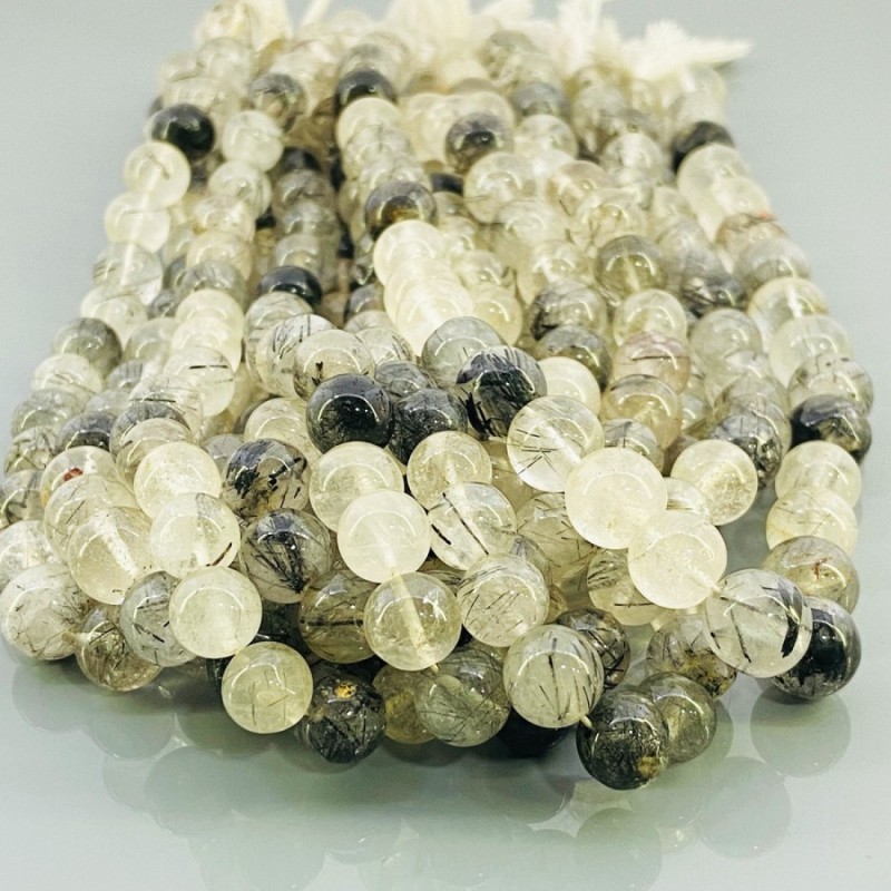 Natural Black Rutile 8-10mm Smooth Round A Grade Gemstone Beads Strand