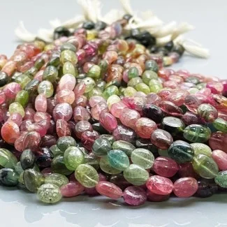 Natural Multi Color Tourmaline 7-9mm Smooth Oval B Grade Gemstone Beads Strand