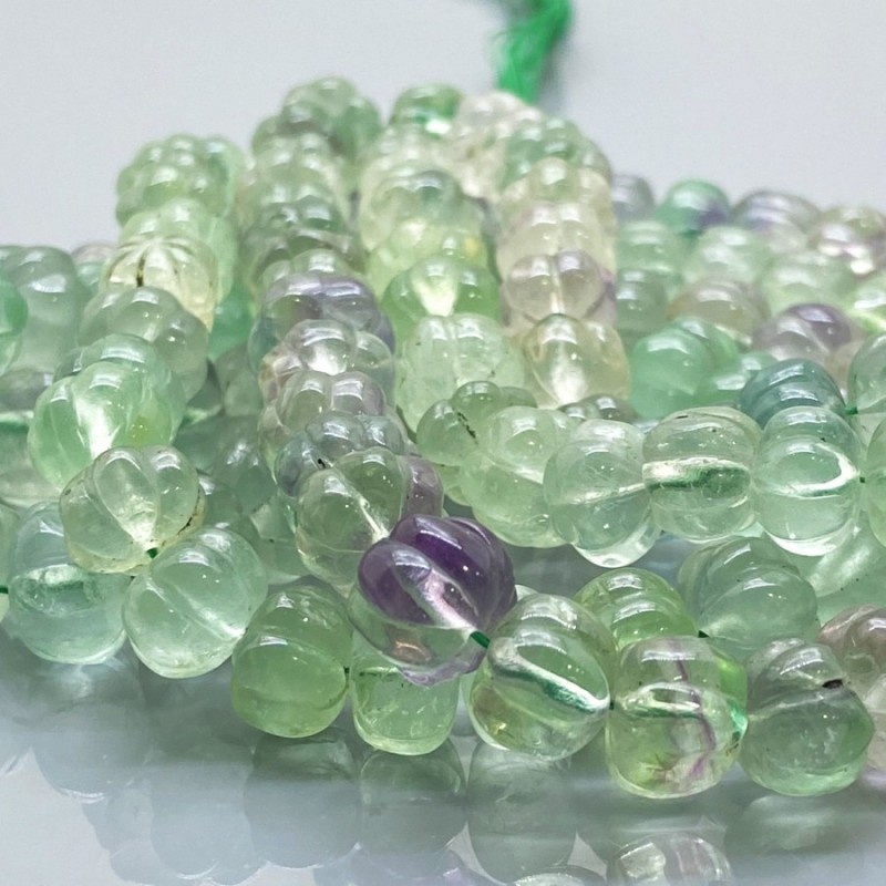 Natural Multi Fluorite 8-12mm Carved Melon AA Grade Gemstone Beads Strand