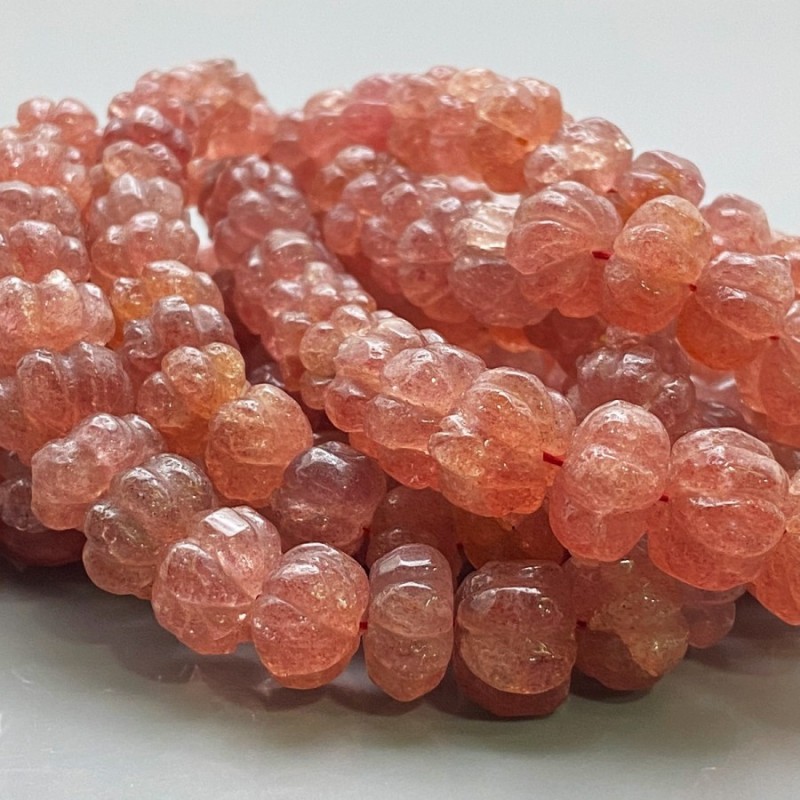 Natural Strawberry Quartz 9-14mm Carved Melon A+ Grade Gemstone Beads Strand