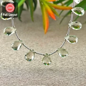 Green Amethyst 15x10mm Briolette Pear Shape 10 Inch Long Gemstone Beads Layout - SKU:157397
