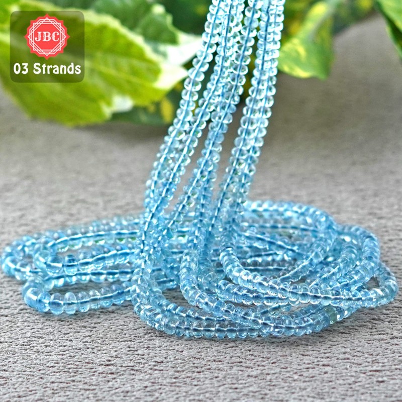 Aquamarine 3.5-4.5mm Smooth Rondelle Shape 17 Inch Long Gemstone Beads - Total 3 Strands In The Lot - SKU:157429