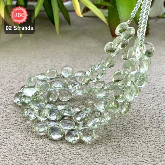 Green Amethyst 9mm Briolette Heart Shape 8 Inch Long Gemstone Beads - Total 2 Strands In The Lot - SKU:158043
